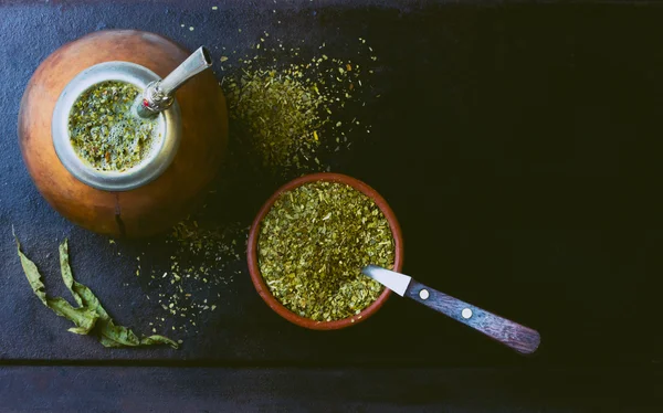Yerba mate traditional latin american herb tea. Top view