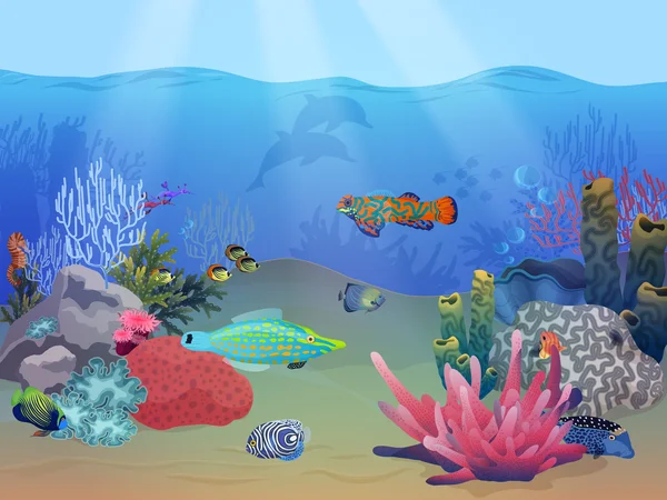 Sea ocean underwater landscape scene with colorful exotic fish, plants and coral reef.