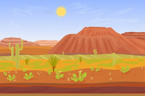Cartoon prairie desert Grand canyon landscape with rocks, cactuses, mountains and tree.