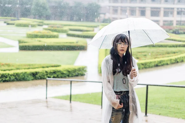 Charming Asian girl  with umbrella and raincoat