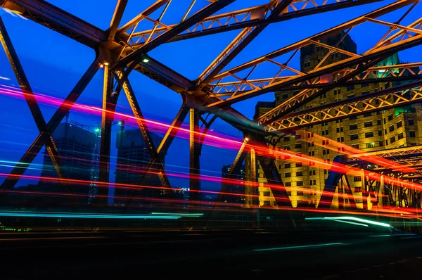 Night traffic lights inside of the Garden Bridge of shanghai china.