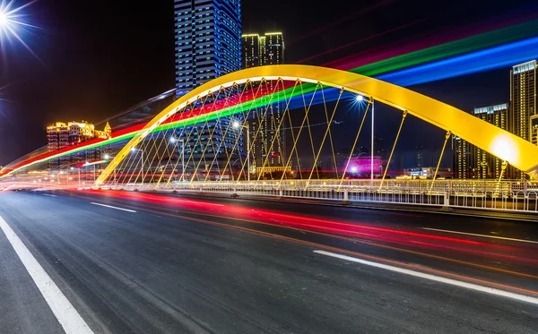 Night traffic lights inside of the Garden Bridge of shanghai china.