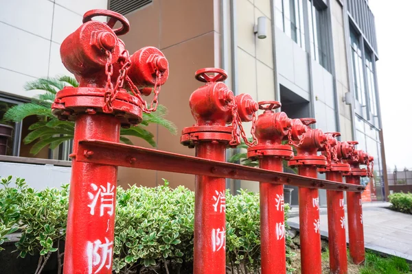 A line of red fire hydrant