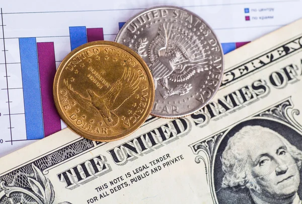 US notes and coins, old and new background graphics.