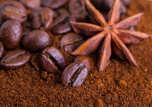 Close-up of coffee beans on pile of roasted coffee. Coffee beans