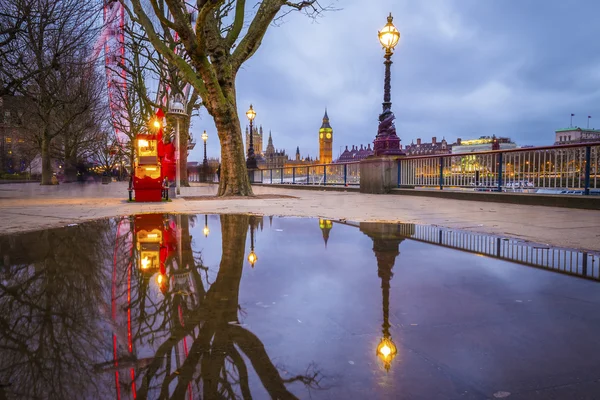 Reflections of the The Big Ben and Houses of Parliament taken from South Bank of River Thames at dawn with trees and cloudy sky - London, UK