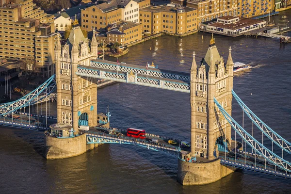 London, England - Aerial view of the famous Tower Bridge with Iconic Red Double Decker Bus on it