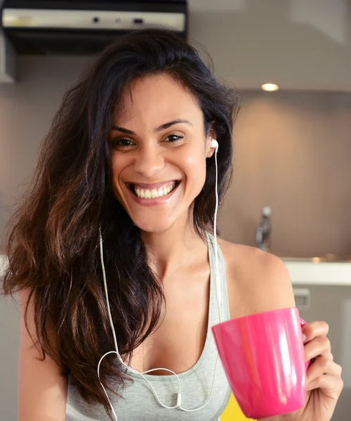 Happy smiling woman listen music with headphone