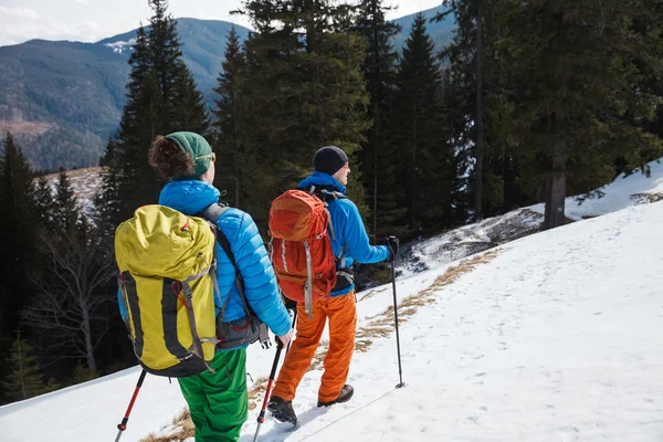 Two hikers in winter mountains