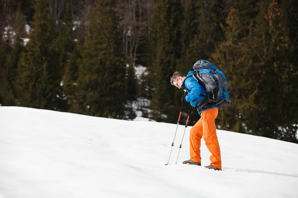 Hiker in winter mountains