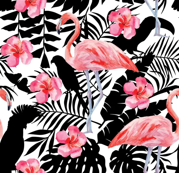Flamingo and hibiscus watercolor pattern, parrots and tropical plants silhouette background