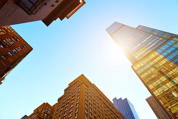 Looking up at skyscrapers in New York City