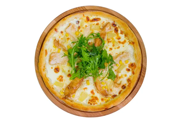 Baked pizza Hawaii with chicken and pineapple, isolated