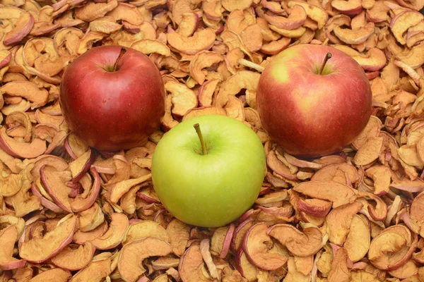 Apples on the background of dried apples