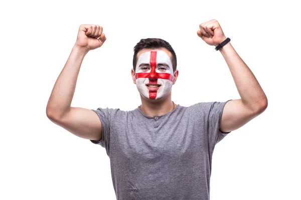 Victory, happy and goal scream emotions of Englishman football fan in game support of England national team on white background.