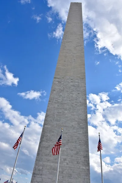 Washington monument and US flag on blue sky day