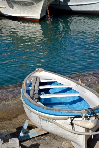 Small wooden row boat on the shore