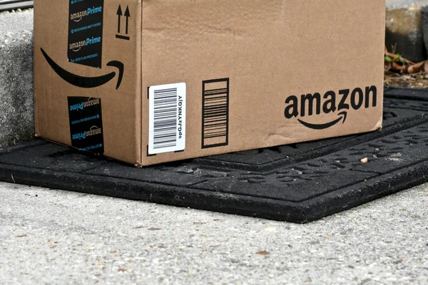 An Amazon package delivered to the door of a house