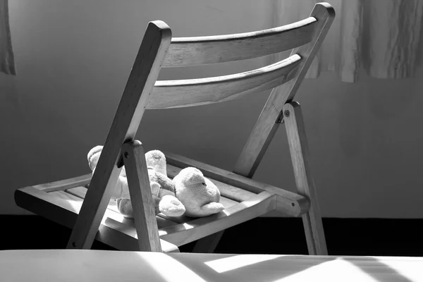 Cute teddy bear lying alone on chair near window,black and white