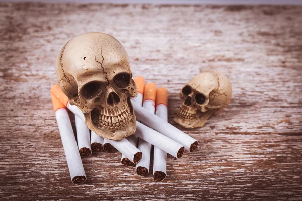 No smoke concept,Skull Tobacco Cigarettes on wooden ,vintage