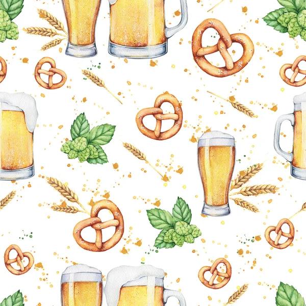 Seamless pattern with watercolor beer with  hops, wheat, pretzel.