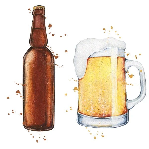 Watercolor glass of beer with a bottle of beer. Food illustration.