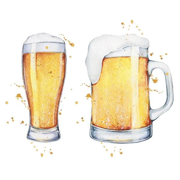 Watercolor mug (pint) and glass of beer. Food illustration.