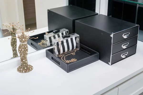 Handbag ,jewelry and makeup box on a dressing table