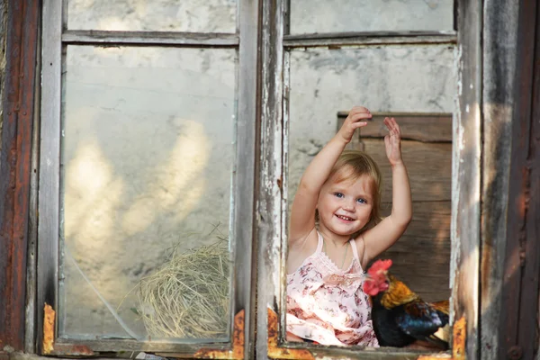 Portrait of a little girl in the window of a ruined house. Girl 3 years. She has blonde hair and is dressed in a pink dress. Nearby sits the chicken. On the wall hangs a handmade toy.