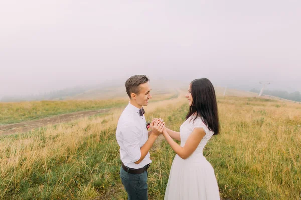 Beautiful bride and groom holding hands on the field. Misty mountains background