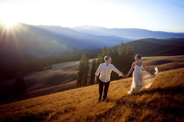 Beautiful wedding couple running and having fun on the field surrounded by mountains