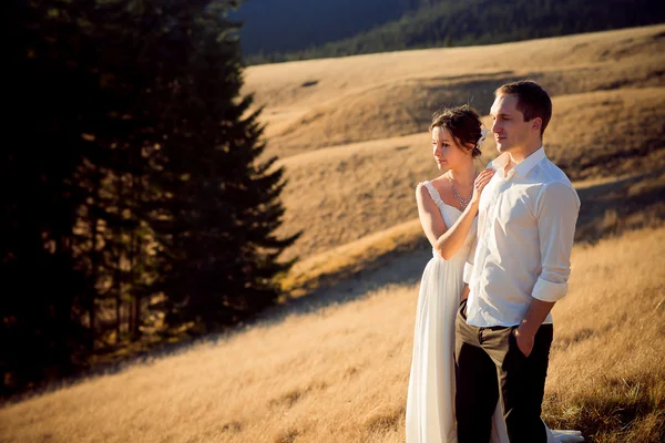 Happy young wedding couple enjoys the mountain landscape