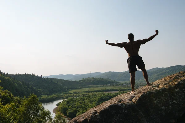 Back view. Silhouette of african american athletic man with naked torso posing on the rock. Green mountain nature background