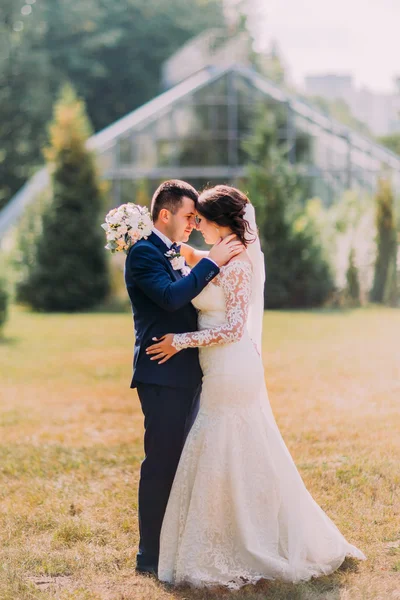 Beautiful bride with white wedding dress and groom in stylish blue suit kissing outdoor on lawn. Greenhouse at background