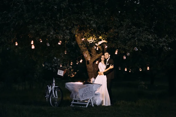Beautiful bride and groom in evening park holding each other under tree decorated with many lanterns. Bike in wedding decoration stands near