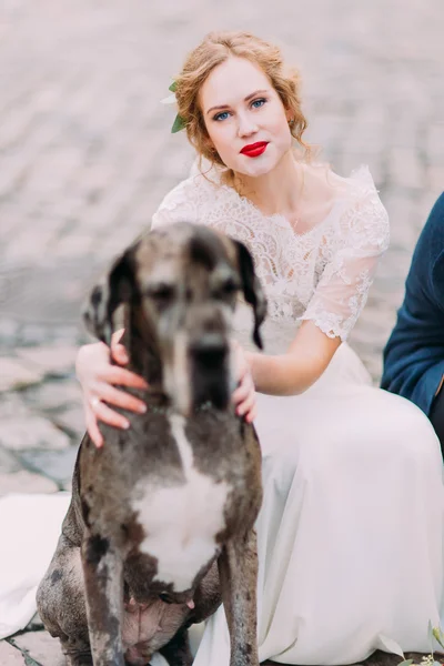 Beautiful blond bride with bright red lips holds her dog close up