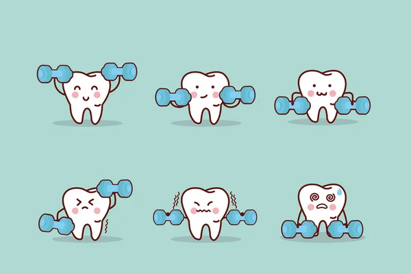 Health cartoon tooth with dumbbell