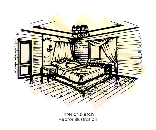 Hand drawn interior sketch. Home design bedroom, provence style