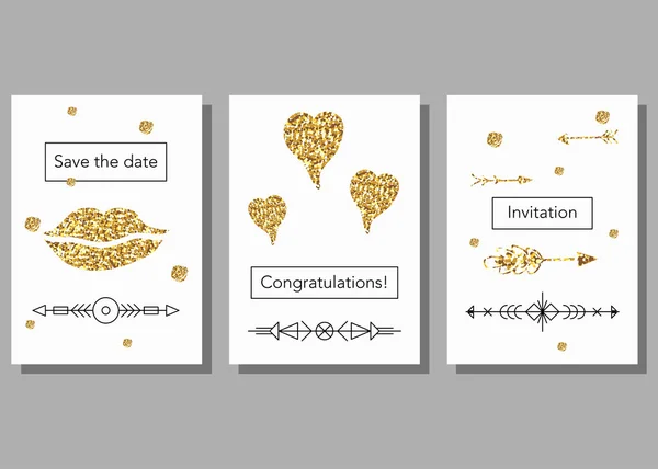 Set of artistic colorful universal cards. Wedding, anniversary, birthday, holiday, party, summertime. Design for poster, card, invitation. With golden glitter texture