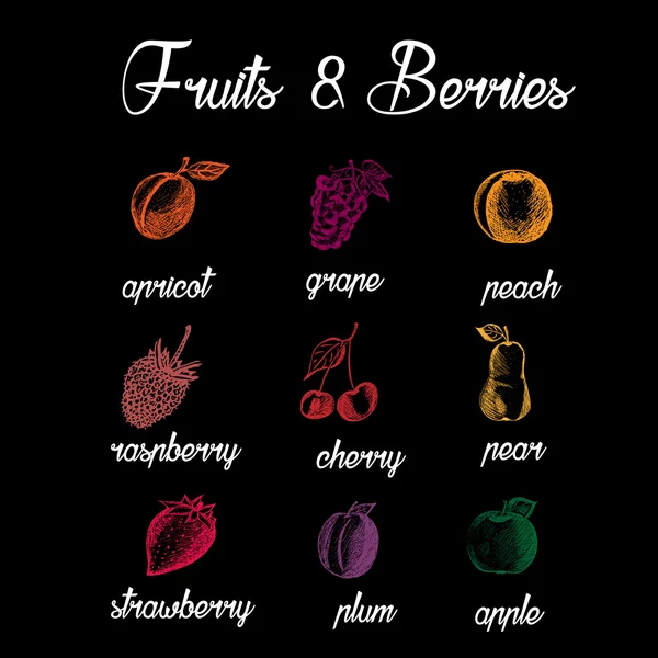 Fruits and berries. Eco food. Hand drawn apricot, grape, reach, raspberry, cherry, pear, strawberry, plum, apple. Sketch style fruits on black background. Vector illustration