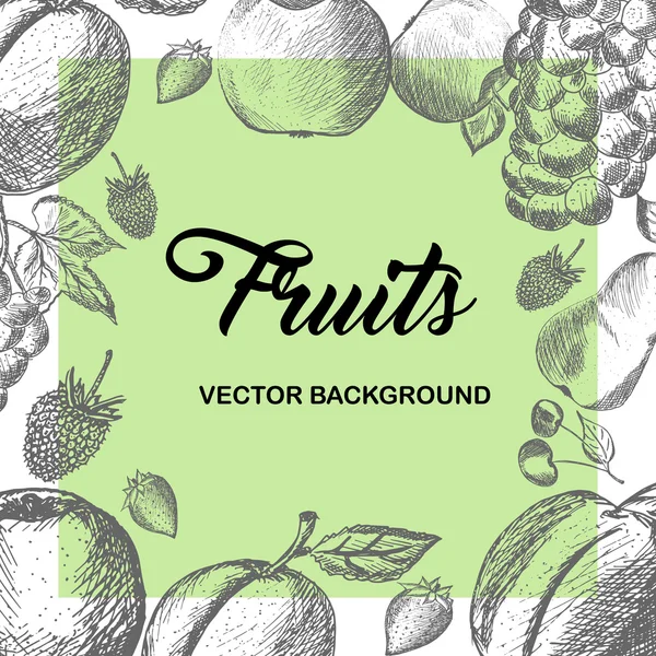 Healthy Food hand drawn background. Fruits and berries background. Apple, apricot, plum, strawberry, raspberry, pear, cherry, peach, grape hand drawn. Eco, raw, organic, natural. Vector