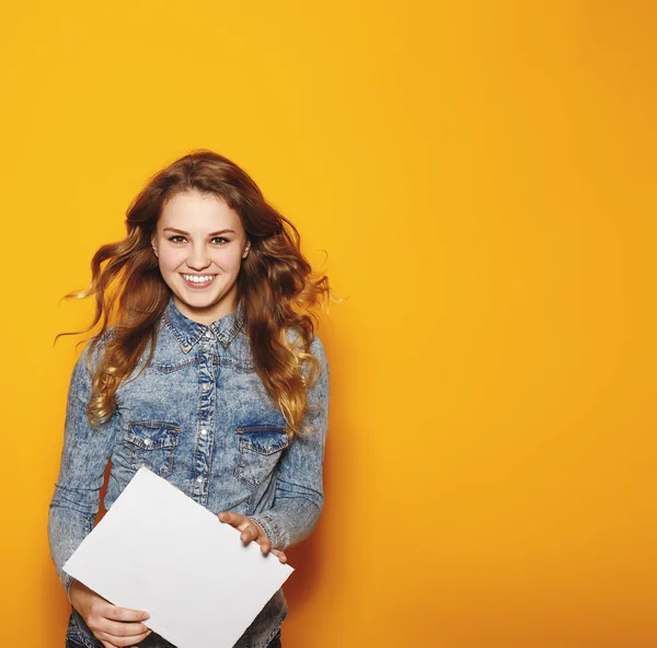 Modern business woman over yellow background with copy space. Hi