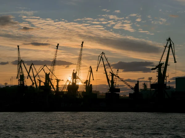 Silhouette of port cranes on sunset sky background