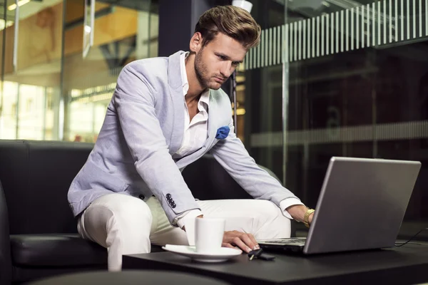 Handsome businessman sitting in a restaurant with a laptop