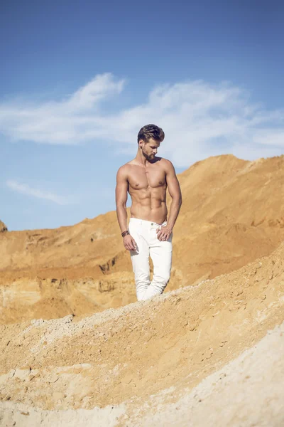 Handsome well-built man walking in the desert