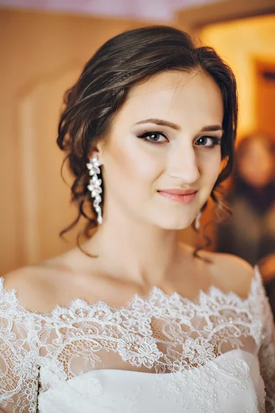 Portrait Of The Bride. A large portrait of a woman. Wedding day. Lace dress.