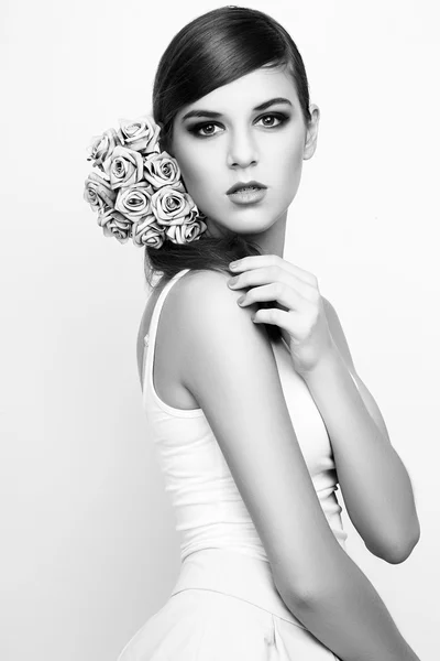 Studio photo of young  woman on white background. Black and whit