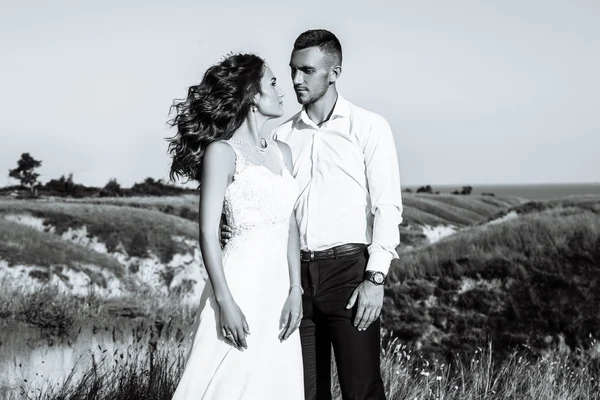 Young newlywed couple of woman in wedding dress and man walking in field in sunlight outdoor, black and white