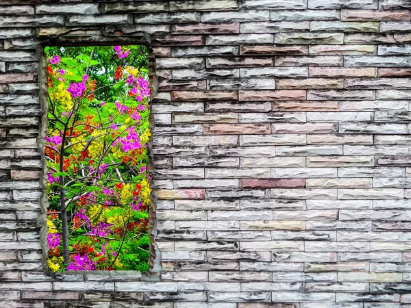 Crack brick wall and  purple red yellow flower green tree2