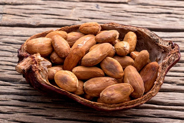 Cacao seeds from pot is ready to be made cacao powder setup on wooden background.